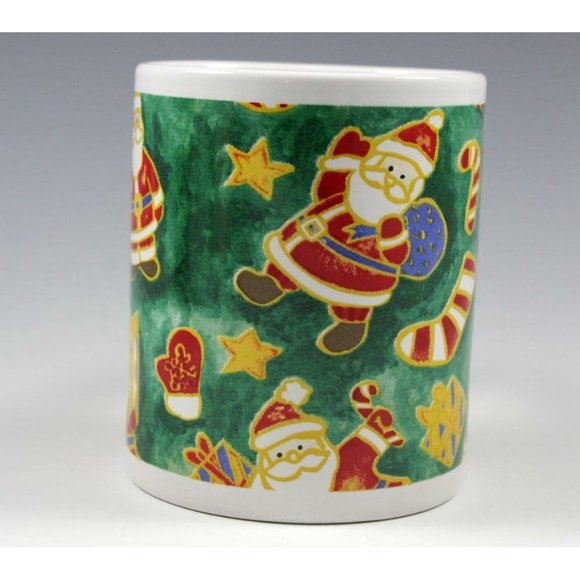 Merry Brite Holiday Coffee Mug Green with Santas & Candy Canes 10 oz Vintage 199 - Picture 3 of 6